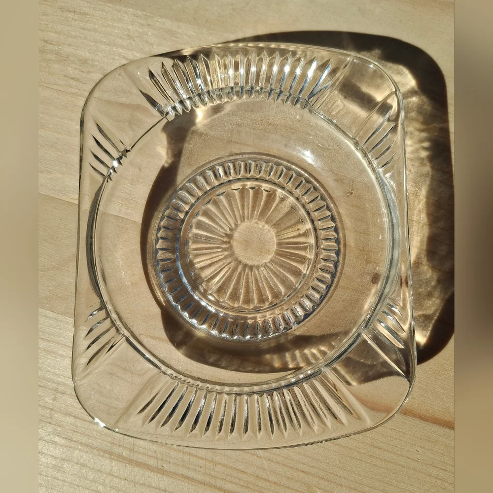 Vintage Clear Cut Glass Starburst Rectangular Ashtray Trinket Dish Candle Tray